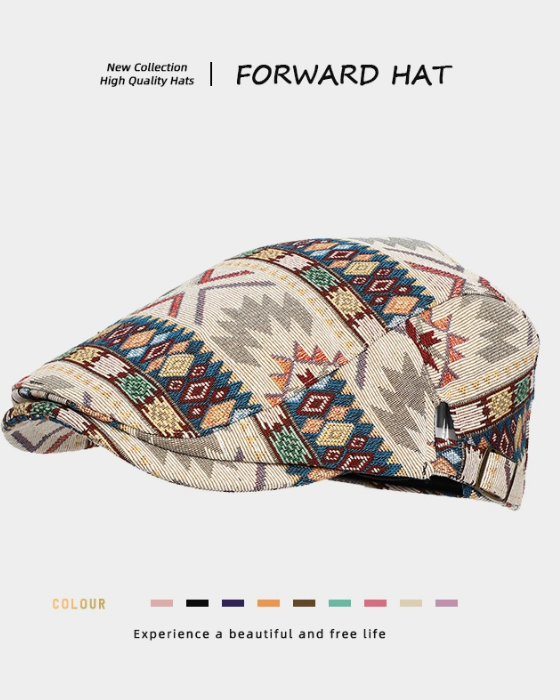 Casual Retro Artist Beret | Beige with Ethnic-Style Print