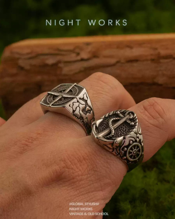 The Medieval Compass Signet Ring | Titanium Steel Band