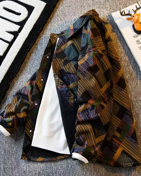 Color-Print Plaid Denim Jacket