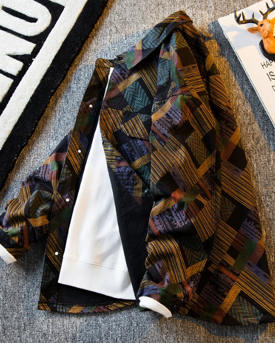 Color-Print Plaid Denim Jacket